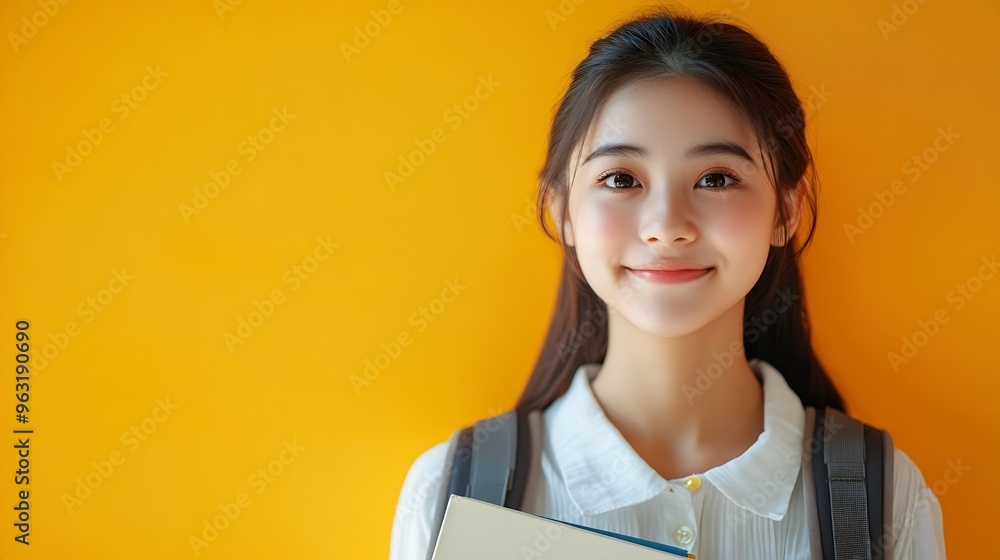 Full body smiling happy cheerful teen Asian student girl hold backpack book isolated on yellow background Education in school concept : Generative AI Full body smiling happy cheerful teen Asian student girl hold backpack book isolated on yellow background Education in school concept : Generative AI