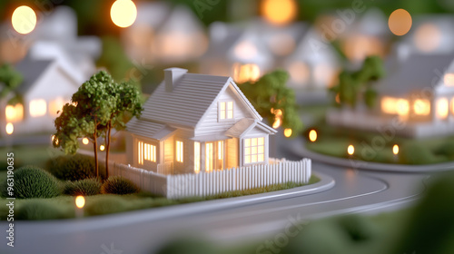 Wallpaper Mural A beautifully lit miniature house surrounded by a serene neighborhood, showcasing charm and warmth in a cozy setting. Torontodigital.ca