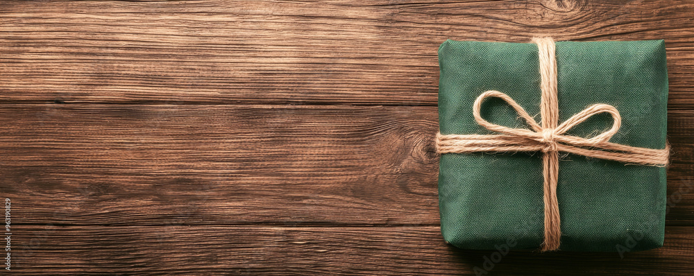 A beautifully wrapped green gift box with twine on a rustic wooden table, perfect for celebrations and special occasions. A beautifully wrapped green gift box with twine on a rustic wooden table, perfect for celebrations and special occasions.