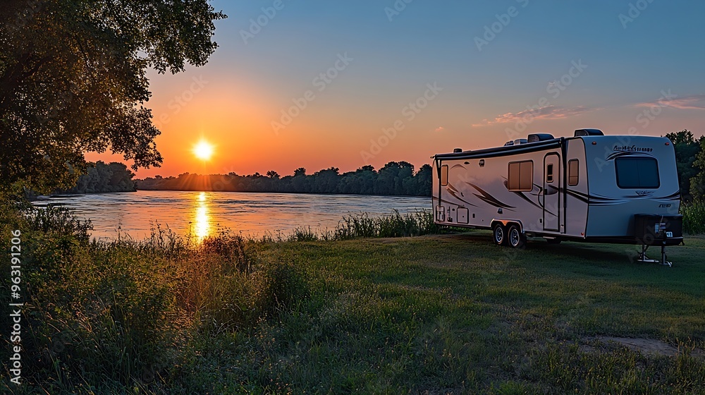 Travel trailer camping at sunset by the Mississippi river in Illinois at sunset panorama : Generative AI Travel trailer camping at sunset by the Mississippi river in Illinois at sunset panorama : Generative AI