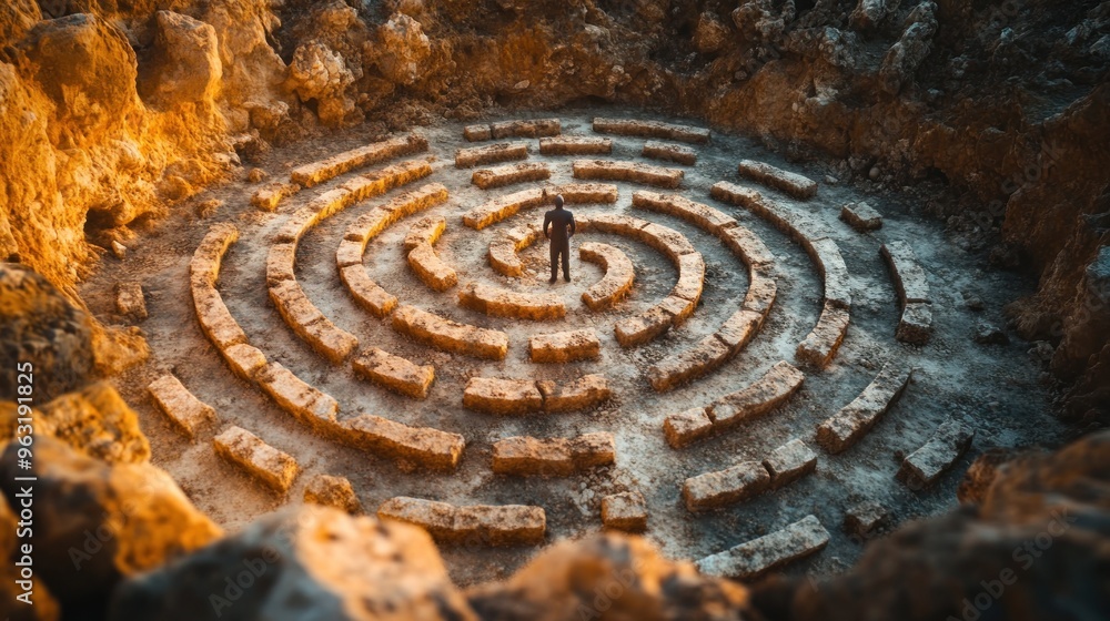 A Man Standing in a Stone Labyrinth A Man Standing in a Stone Labyrinth