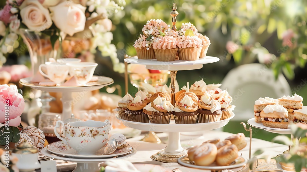 Naklejka premium A table set with a variety of desserts and treats.