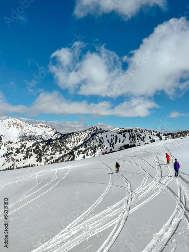 Group of friends skiing on a blue bird powder day