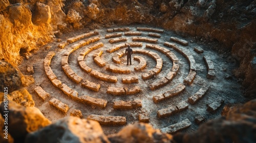 A Man Standing in a Stone Labyrinth