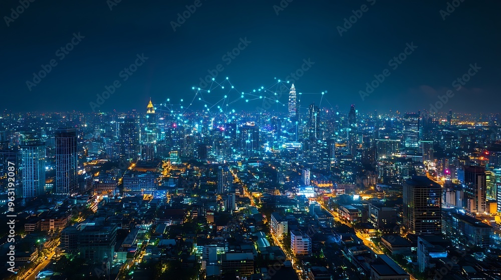 Fototapeta premium Smart city dot point connect with gradient line connection technology metaverse concept Bangkok Thailand night city banner with big data : Generative AI