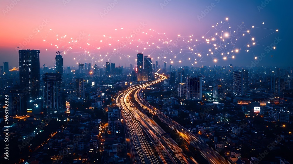 Fototapeta premium Modern city with wireless network connection and city scape conceptWireless network and Connection technology concept with city background at night : Generative AI
