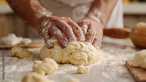 Hands expertly kneading dough in a cozy, flourcovered kitchen filled with aroma photo