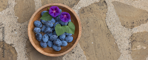 Frisch geerntete Ökologische Zwetschgen in einer Holzschale