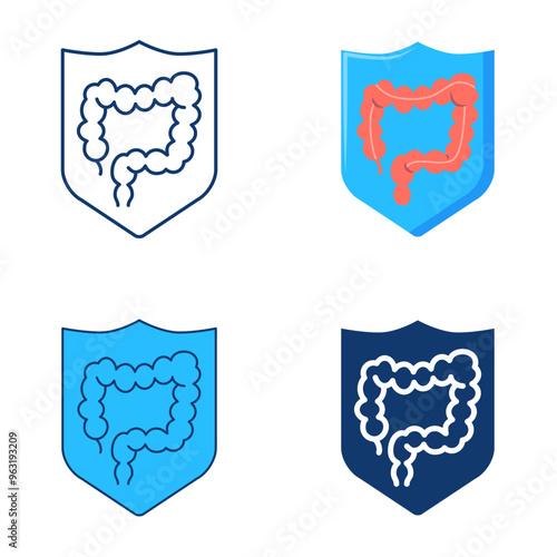 Stomach protection icon set in flat and line style. Intestine in shield symbol. Vector illustration.