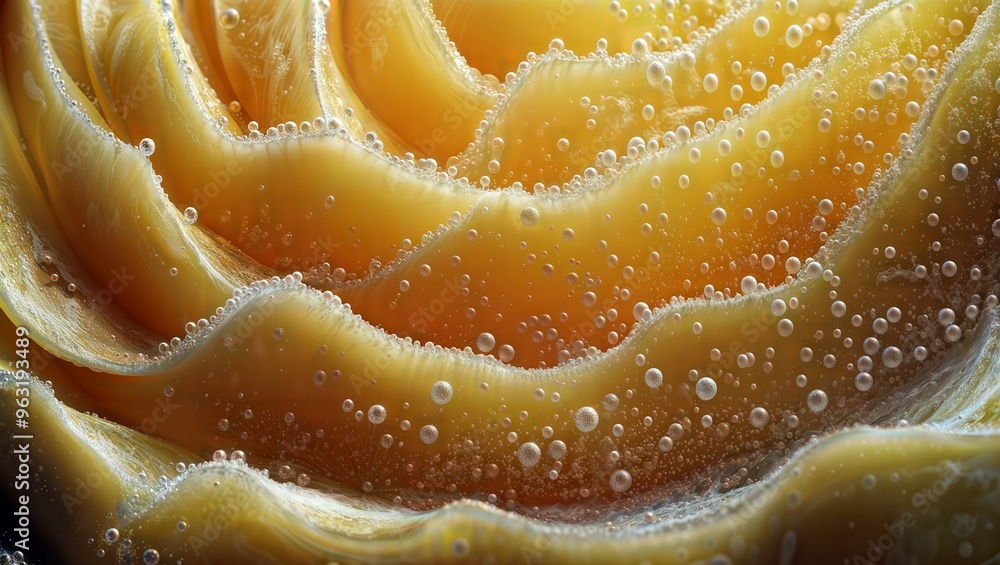 Bubble Ridges. Close-up of yellow-orange swirls with tiny bubbles, creating a mesmerizing abstract pattern of curves and textures. Bubble Ridges. Close-up of yellow-orange swirls with tiny bubbles, creating a mesmerizing abstract pattern of curves and textures.