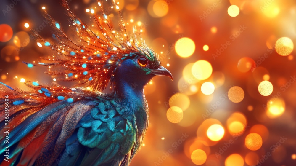 Obraz premium High-resolution close-up of a beautiful bird with intricate plumage, set against a backdrop of warm, glowing lights that enhance its vivid colors.