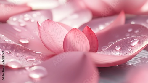 Delicate Petals of a Pink Flower with Dew Drops on Soft Floral Background
