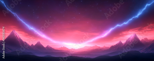 A stunning digital landscape showcasing vibrant colors, mountains, and a dramatic sky filled with lightning and twilight hues.