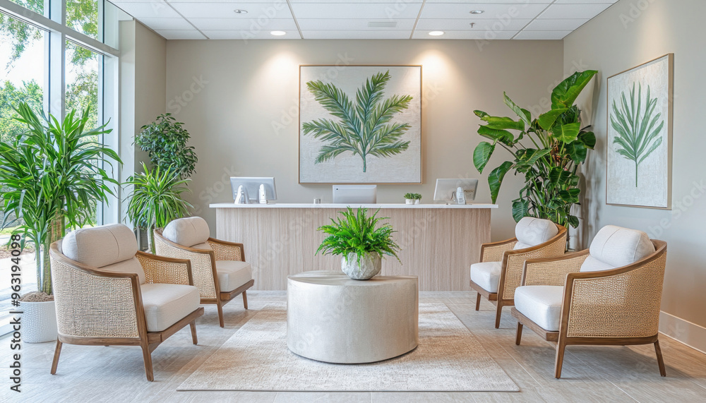 Modern hotel reception area decorated with green plants Modern hotel reception area decorated with green plants