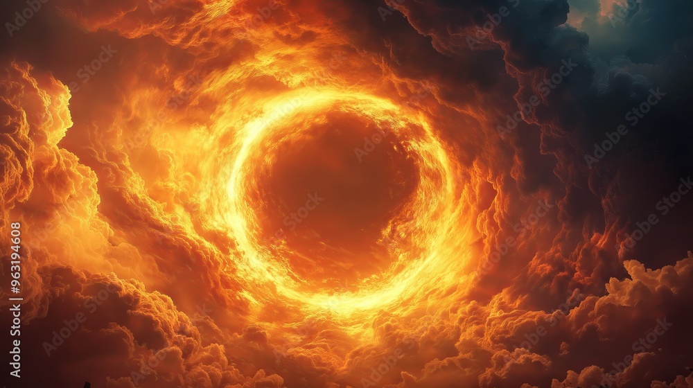 Fiery clouds swirling around a vivid, glowing round portal, A fiery circle shines in the dark y sky Fiery clouds swirling around a vivid, glowing round portal, A fiery circle shines in the dark y sky