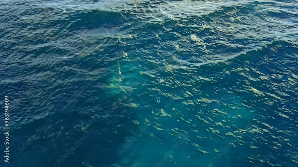 Top view from above, flat lay rotating ocean background with deep blue water and small waves covering the entire frame space Top view from above, flat lay rotating ocean background with deep blue water and small waves covering the entire frame space