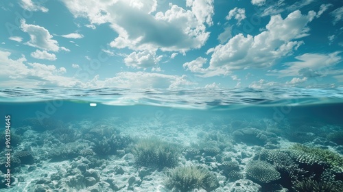 An oceanic perspective showing sea, seabed, and sky