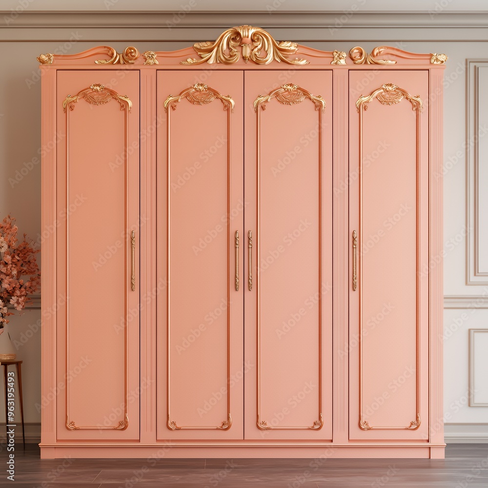 Elegant pink wardrobe with gold accents in a classic room. Elegant pink wardrobe with gold accents in a classic room.