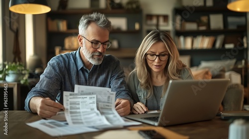 Happy middle aged mature man and woman paying bills online at home Older senior couple using laptop computer checking insurance or financial invoice counting taxes sitting at table in : Generative AI