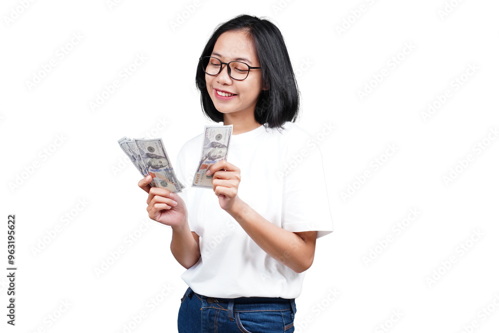A smiling asian woman counting money isolated transparent A smiling asian woman counting money isolated transparent