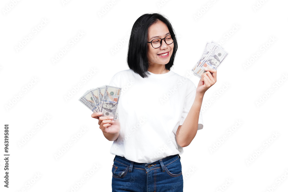 A smiling asian woman counting money isolated transparent A smiling asian woman counting money isolated transparent