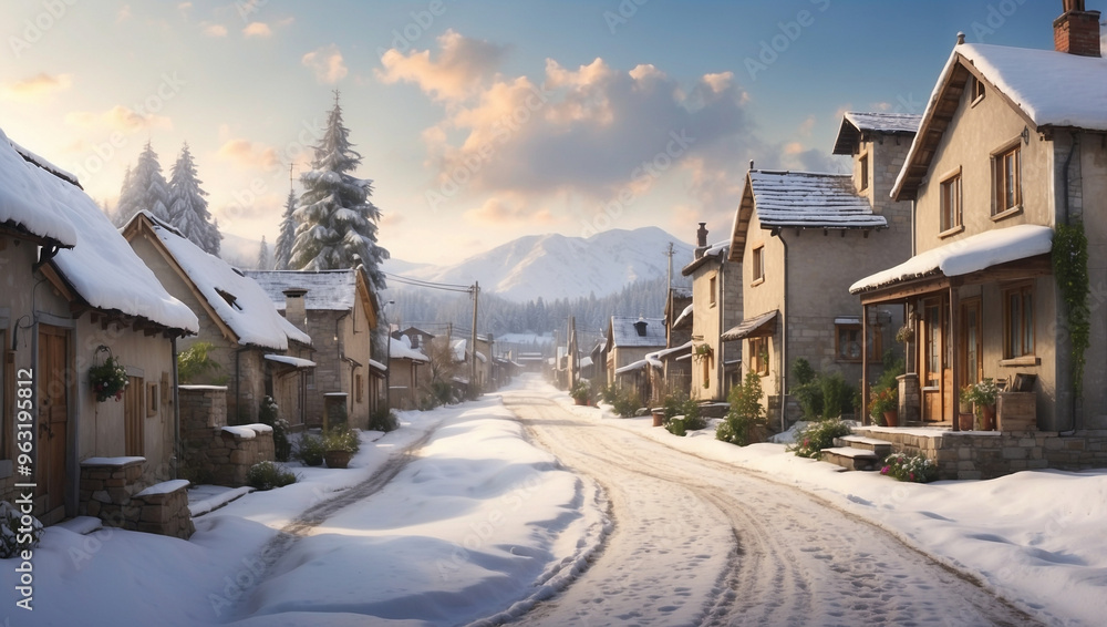 Quiet Snowy Street in a Small Village During Winter Quiet Snowy Street in a Small Village During Winter