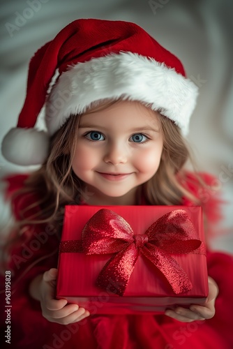 A little girl in a red Santa hat holds a red gift box with a shiny bow.