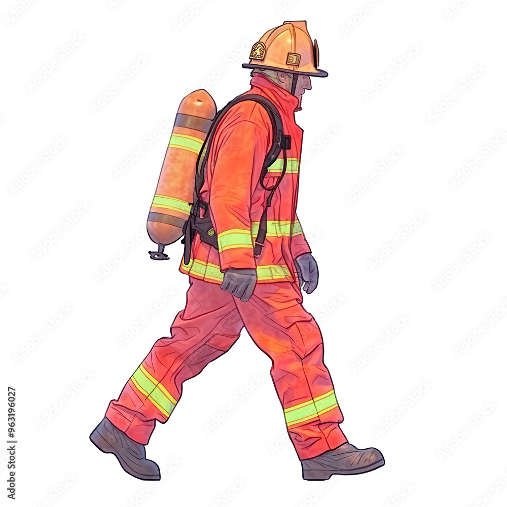 An illustration of a firefighter walking An illustration of a firefighter walking