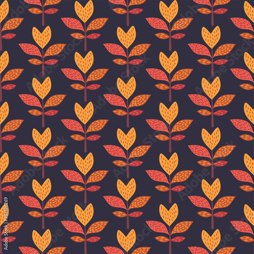 Autumn. Seamless pattern. Texture of trees and leaves. Hand drawn vector Illustration