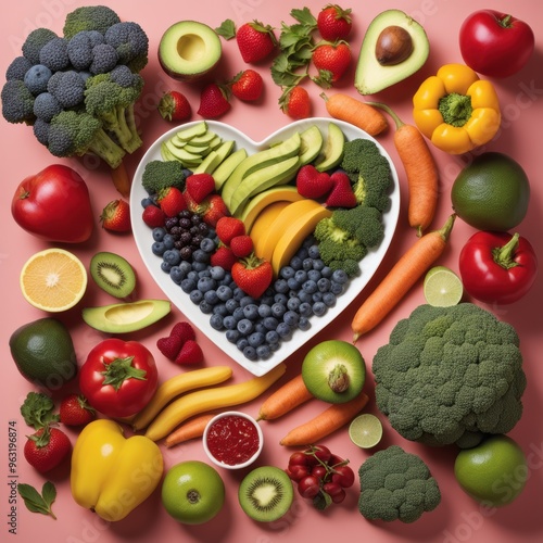 Vibrant fruit and veg arrangement in heart shape on pink background. 