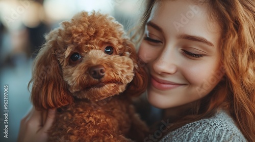 Beautiful young woman enjoying in modern pet shop together with her adorable brown toy poodle : Generative AI