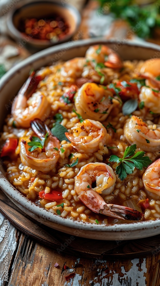 Shrimp paella in rustic bowl with herbs Shrimp paella in rustic bowl with herbs
