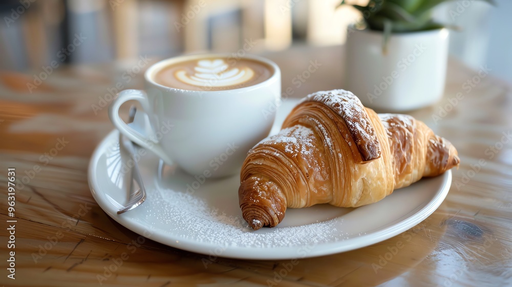 A cup of cappuccino with latte art and a croissant on a white plate. A cup of cappuccino with latte art and a croissant on a white plate.