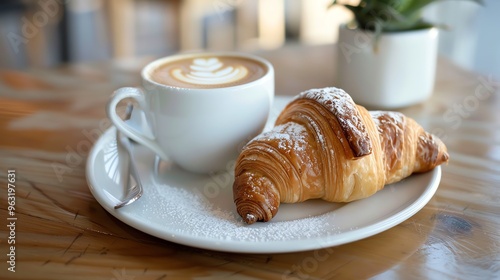 A cup of cappuccino with latte art and a croissant on a white plate.