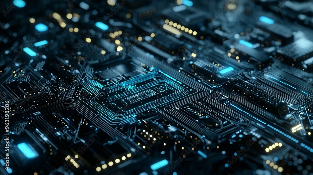 Blue illuminated circuit board with intricate microchip design Blue illuminated circuit board with intricate microchip design