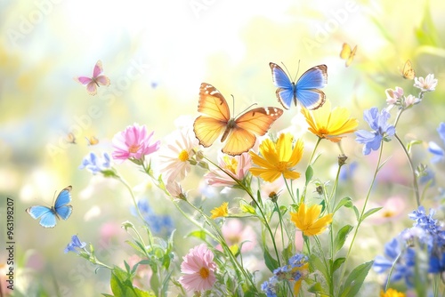 Colorful butterflies dance among a lively bouquet of wildflowers, capturing the essence of a sunny meadow in nature's embrace. Generative AI