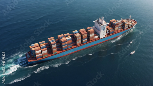 Aerial top view of a container ship in the ocean highlighting containers