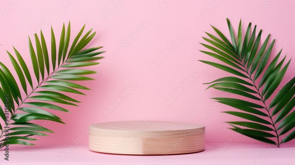 A minimalistic display platform surrounded by lush green palm leaves against a soft pink background, ideal for product showcasing. A minimalistic display platform surrounded by lush green palm leaves against a soft pink background, ideal for product showcasing.