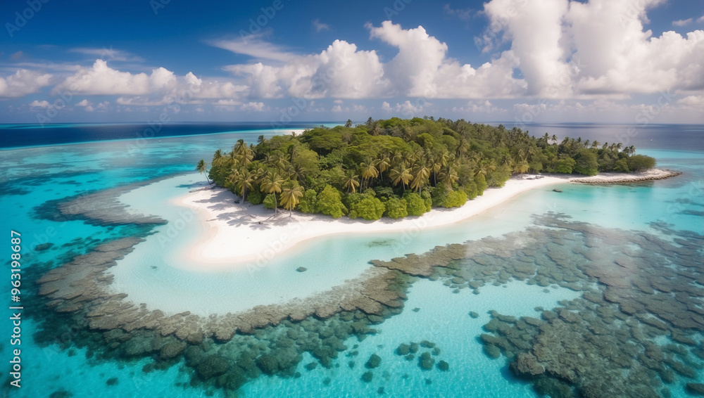 Obraz premium Aerial View of a Tropical Island with Crystal Clear Water