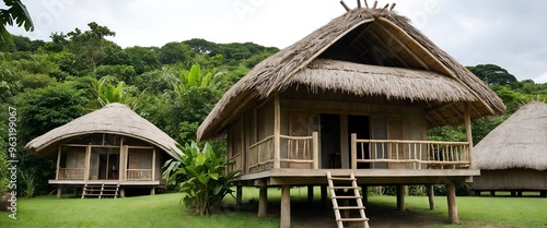 rustic, elevated hut with a thatched roof and wooden structure, set in a lush, green environment. photo