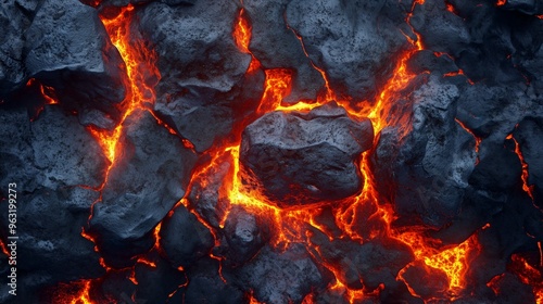 Molten lava flowing through cracked volcanic surface