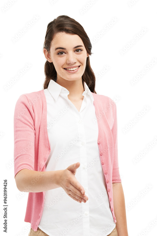 Happy, woman and hand shake in studio for welcome or congratulations on hiring and recruitment as hr manager. Female employee, portrait and smile on white background for deal, partnership and thanks Happy, woman and hand shake in studio for welcome or congratulations on hiring and recruitment as hr manager. Female employee, portrait and smile on white background for deal, partnership and thanks