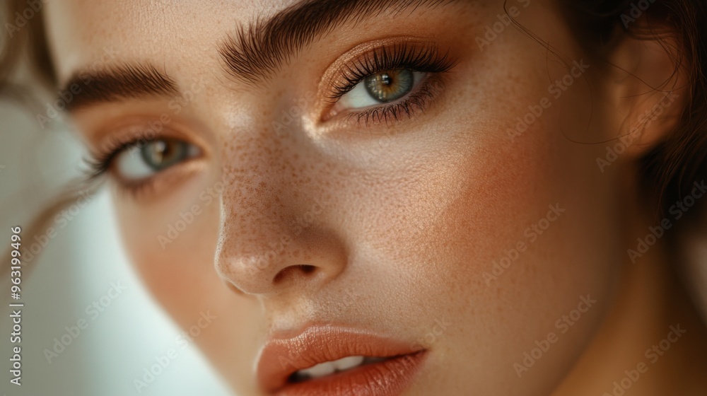 High-resolution close-up of a woman with beautifully done makeup, including elegant eye makeup and a soft, natural lip color, capturing her graceful style. High-resolution close-up of a woman with beautifully done makeup, including elegant eye makeup and a soft, natural lip color, capturing her graceful style.