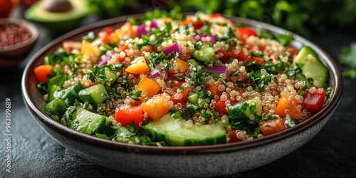 Close-up of a bowl filled with a quinoa salad with various vegetables