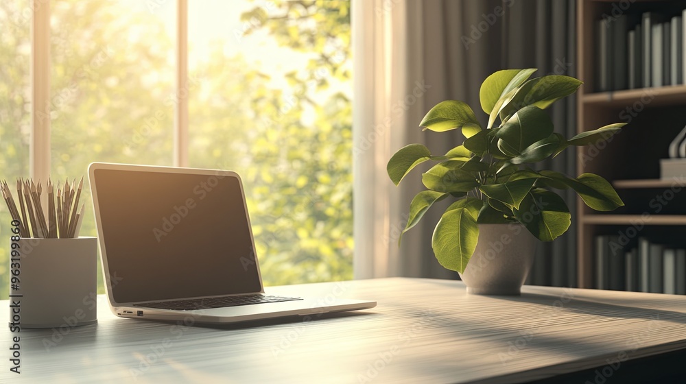 Elegant home office with large window view and natural light, featuring a minimalist desk setup, a plant in the corner, and a serene bookshelf. Elegant home office with large window view and natural light, featuring a minimalist desk setup, a plant in the corner, and a serene bookshelf.
