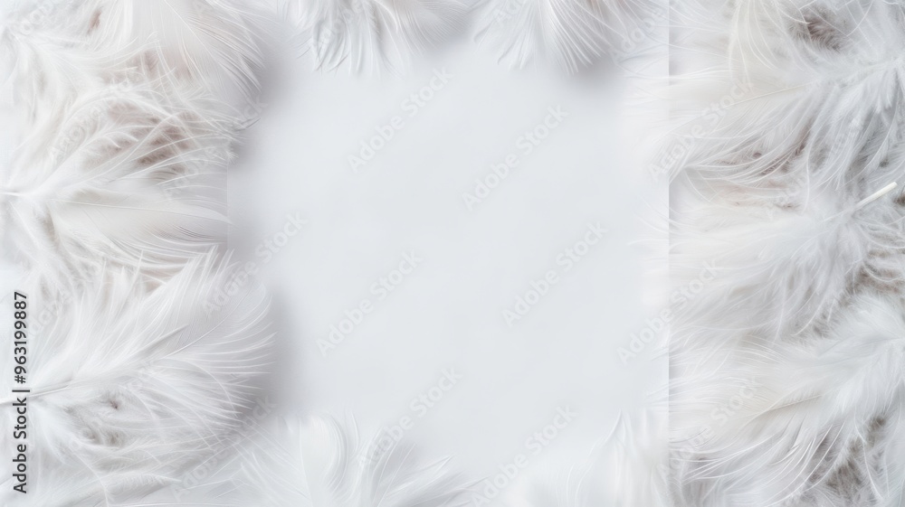 Fototapeta premium Elegant white feathers frame a blank space, ideal for crafting sophisticated designs or adding a touch of luxury to projects.