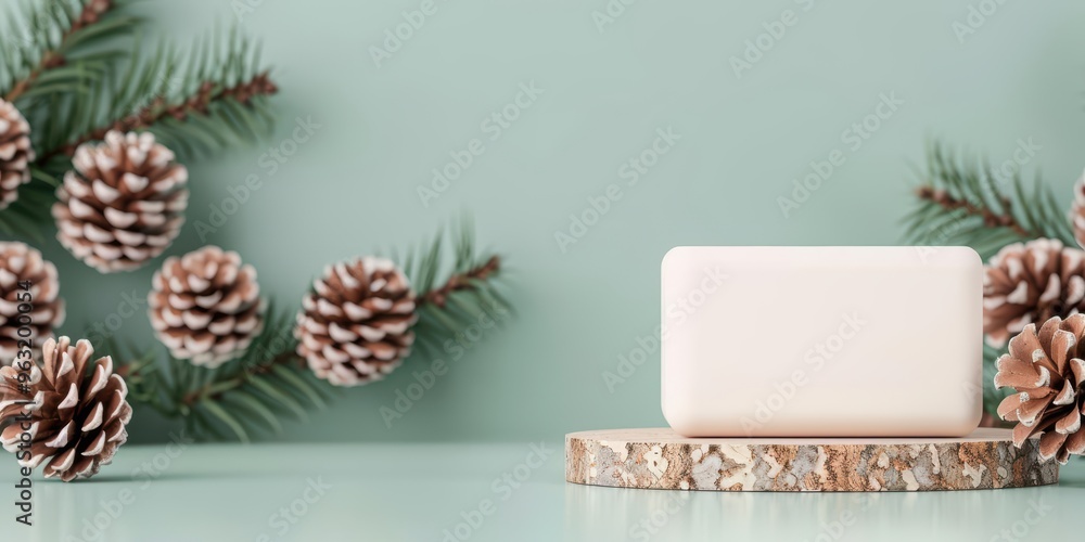 Minimalistic soap arrangement with pinecones on a wooden slice, perfect for wellness and lifestyle themed projects. Minimalistic soap arrangement with pinecones on a wooden slice, perfect for wellness and lifestyle themed projects.