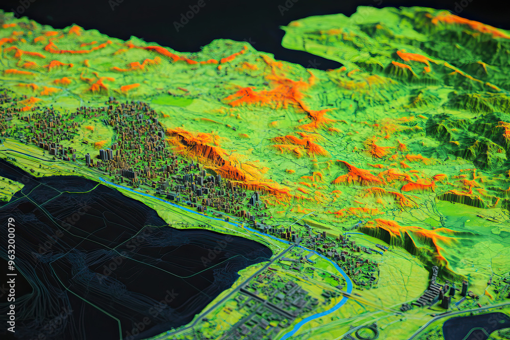 Fototapeta premium Technical aerial visual, 3D LiDAR GIS aerial map satellite scan model isolated, showing Pyongyang, North Korea. Elevation, topography, render