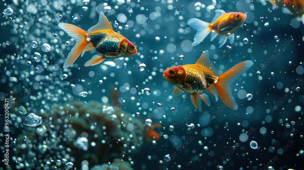 Fototapeta premium Goldfish swimming in a deep blue ocean with bubbles and coral. Concept Underwater, Goldfish, Ocean, Bubbles, Coral