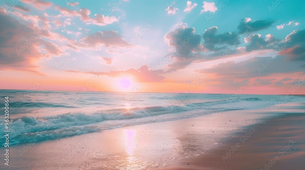 Tranquil beach setting with vibrant sunset sky. Concept Beach Photoshoot, Sunset Vibes, Tranquil Scene, Vibrant Sky, Coastal Photography Tranquil beach setting with vibrant sunset sky. Concept Beach Photoshoot, Sunset Vibes, Tranquil Scene, Vibrant Sky, Coastal Photography